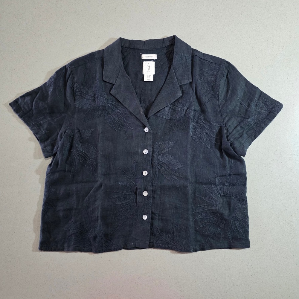 Joie Womens Medium Black 100% Linen Embroidered Floral Button Up Camp Shirt
